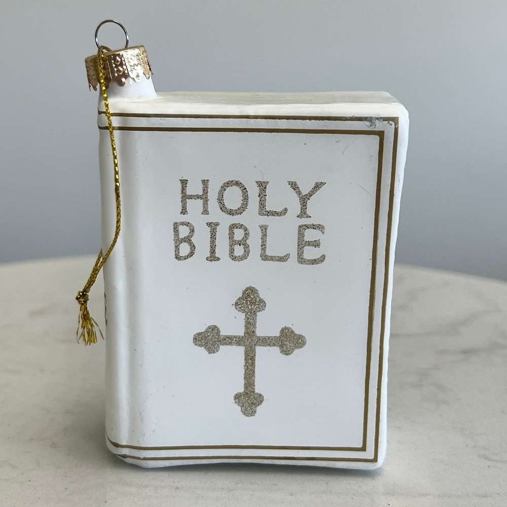 White Glass Holy Bible Christmas Ornament Cross Religious Christian‎ Decor